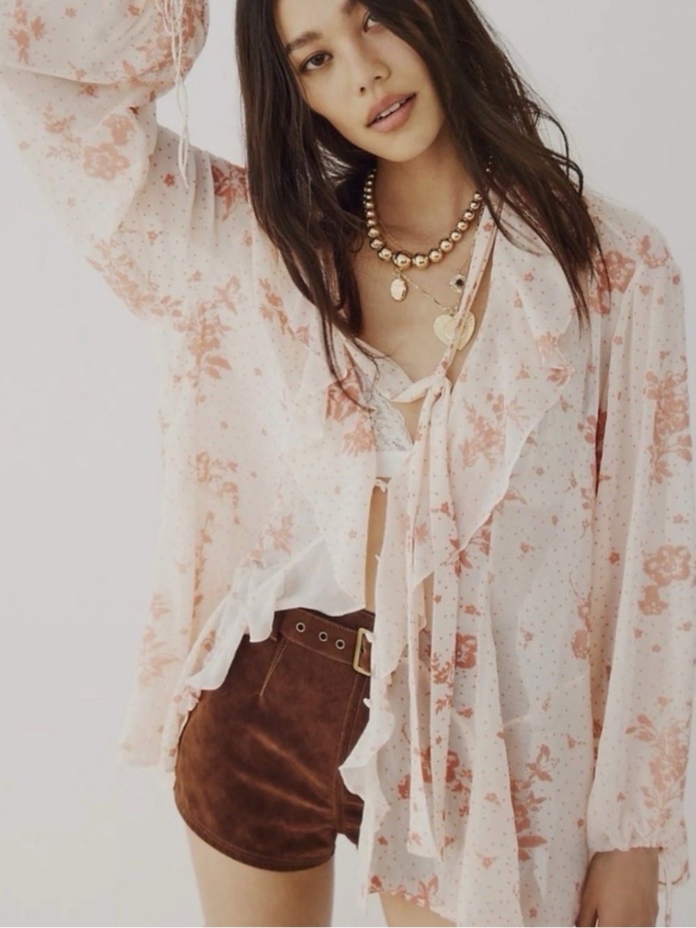 EUC Free People Pink Dreamland Floral Tunic Blouse Burnout Velvet Flowers Sheer